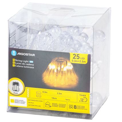 Aigostar - LED-Außen-Weihnachtslichterkette 25xLED/8 Funktionen 3xAA 2,5 m IP44 warmweiß tropfenförmig