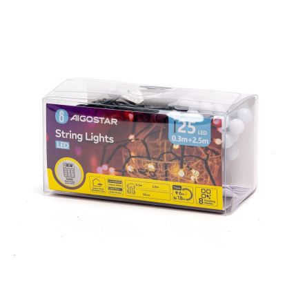Aigostar - LED-Außen-Weihnachtslichterkette 25xLED/8 Funktionen 3xAA 2,8 m IP44 warmweiß