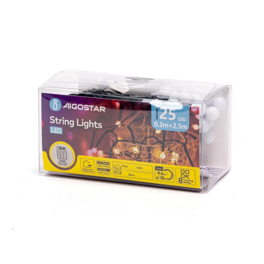 Aigostar - LED-Außen-Weihnachtslichterkette 25xLED/8 Funktionen 3xAA 2,8 m IP44 warmweiß