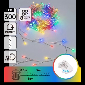 Aigostar - LED-Außen-Weihnachtslichterkette 300 LEDs/8 Funktionen 3xAA 9,3 m IP44 mehrfarbig