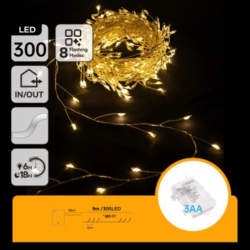 Aigostar - LED-Außen-Weihnachtslichterkette 300 LEDs / 8 Funktionen 3xAA 9,3 m IP44 warmweiß