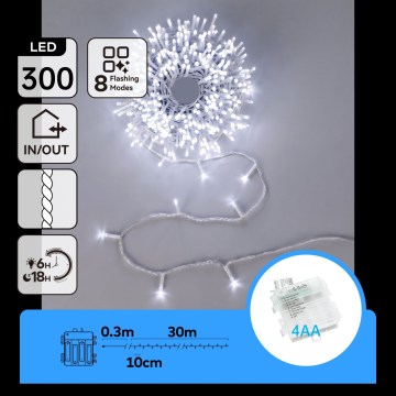 Aigostar - LED-Außen-Weihnachtslichterkette 300 LEDs / 8 Funktionen 4xAA 30 m IP44 kaltweiß