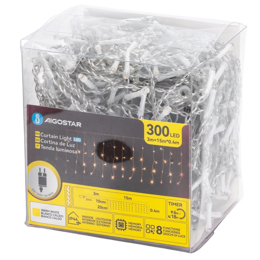 Aigostar - LED Außen-Weihnachtslichterkette 300xLED/8 Funktionen 15x0,4 m IP44 warmweiß