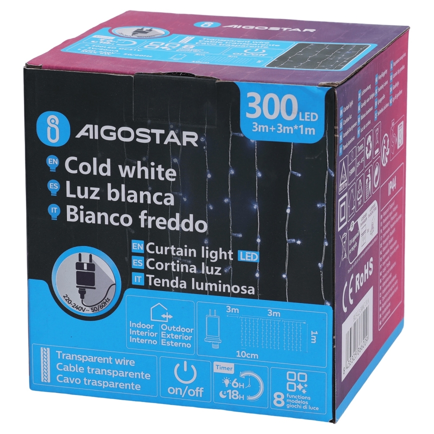 Aigostar - LED-Außen-Lichterkette 300xLED/8 Funktionen 3x1m IP44 kaltweiß + Fernbedienung