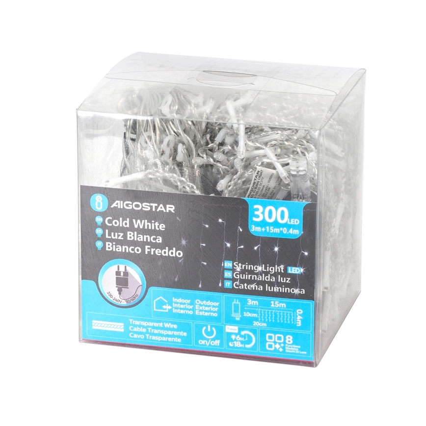 Aigostar - LED-Außen-Weihnachtslichterkette 300xLED/8 Funktionen 15x0,4 m IP44 kaltweiß