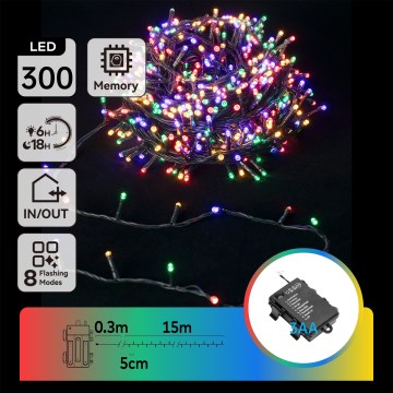 Aigostar -LED Außen-Weihnachtslichterkette 300xLED/8 Funktionen 3xAA 15,3m IP44 mehrfarbig