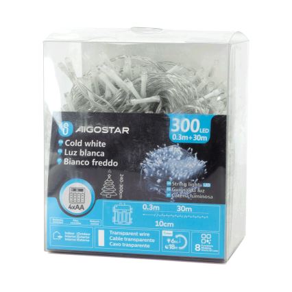 Aigostar - LED-Außen-Weihnachtslichterkette 300 LEDs / 8 Funktionen 4xAA 30 m IP44 kaltweiß