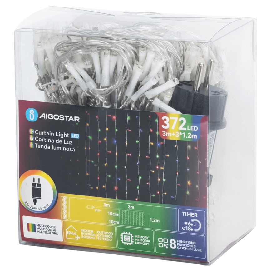 Aigostar - LED-Außen-Weihnachtslichterkette, 372×LED / 8 Funktionen, 6×1,2 m, IP44, mehrfarbig