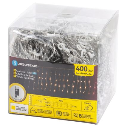 Aigostar - LED-Außen-Weihnachtslichterkette 400xLED/8 Funktionen 20x0,4m IP44 warmweiß
