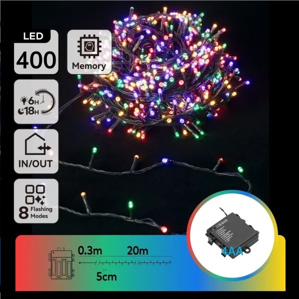 Aigostar - LED-Außen-Weihnachtslichterkette 400xLED/8 Funktionen 4xAA 20,3 m IP44 mehrfarbig