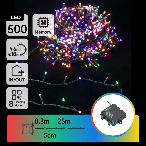 Aigostar - LED-Außen-Weihnachtslichterkette 500 LEDs/8 Funktionen 4xAA 25,3 m IP44 mehrfarbig