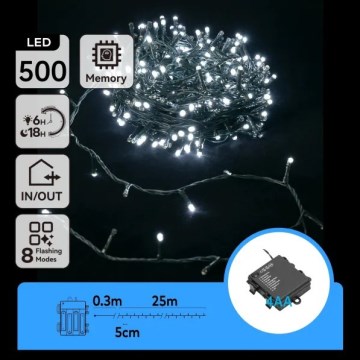 Aigostar - LED-Außen-Weihnachtslichterkette 500 LEDs, 8 Funktionen, 4×AA, 25,3 m, IP44, kaltweiß