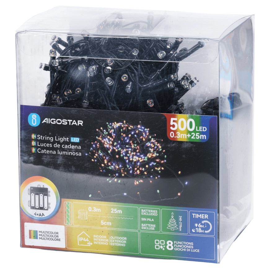 Aigostar - LED-Außen-Weihnachtslichterkette 500 LEDs/8 Funktionen 4xAA 25,3 m IP44 mehrfarbig