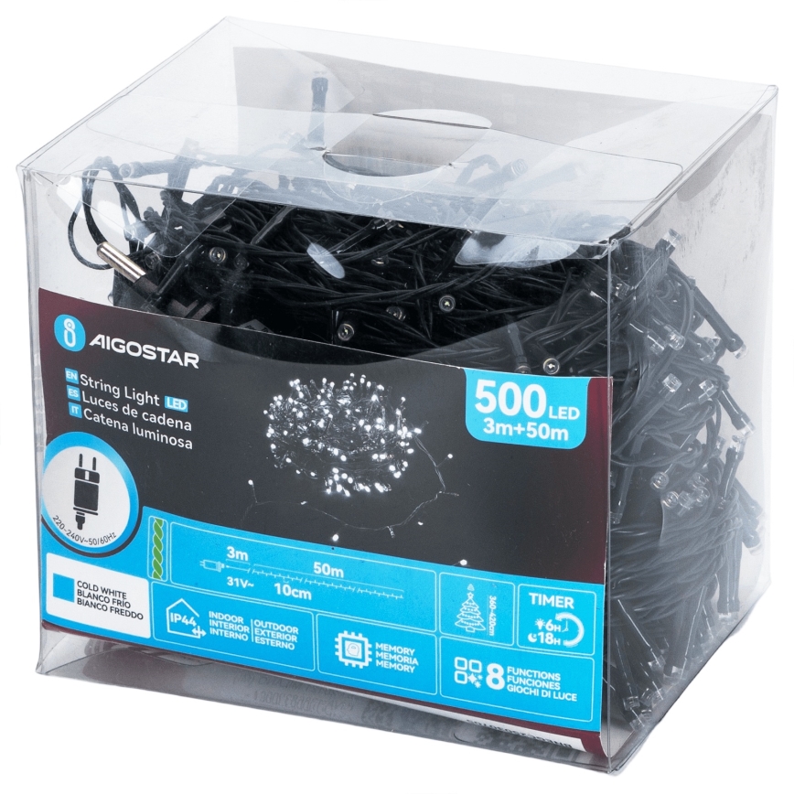 Aigostar - LED-Außen-Weihnachtslichterkette, 500 LEDs, 8 Funktionen, 53 m, IP44, kaltweiß