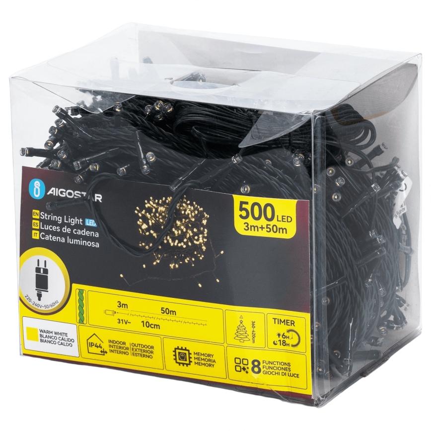 Aigostar - LED-Außen-Weihnachtslichterkette, 500 LEDs, 8 Funktionen, 50 m, IP44, warmweiß