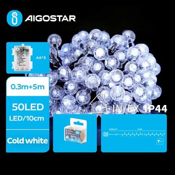 Aigostar - LED Außen-Weihnachtslichterkette 50xLED/3xAA/8 Funktionen 5,3 m IP44 kaltweiß