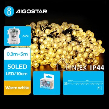 Aigostar - LED Außen-Weihnachtslichterkette 50xLED/3xAA/8 Funktionen 5,3 m IP44 warmweiß