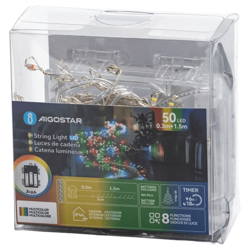 Aigostar - LED-Außen-Weihnachtslichterkette 50xLED/8 Funktionen 3xAA 1,8m IP44 mehrfarbig