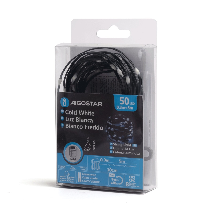 Aigostar -LED Außen-Weihnachtslichterkette 50xLED/8 Funktionen 3xAA 5,3m IP44 kaltweiß