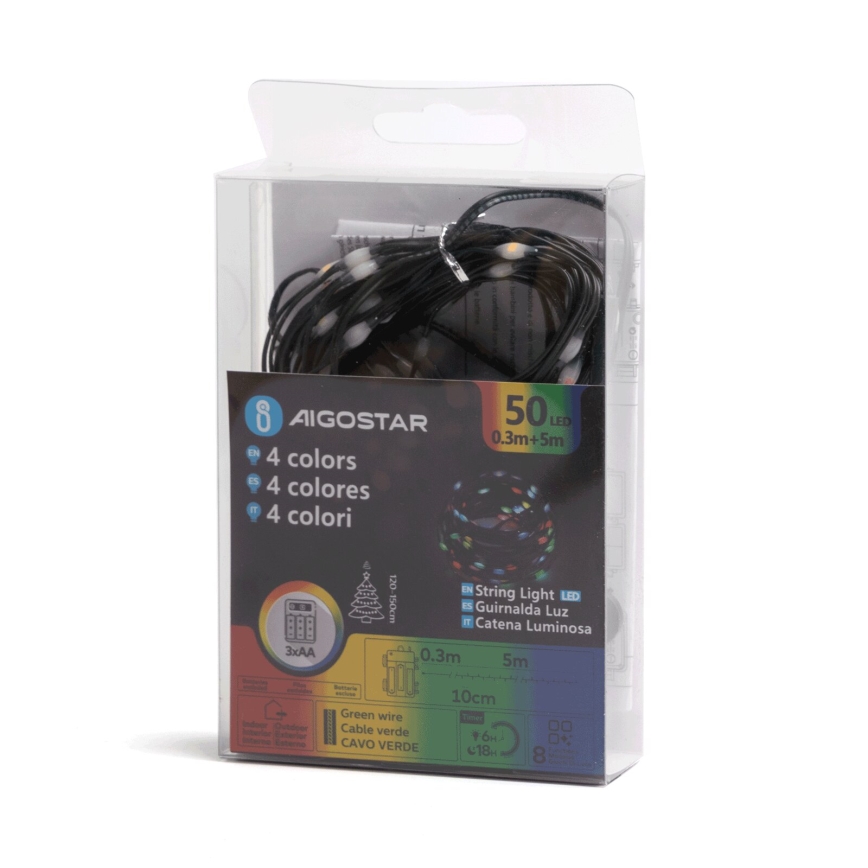 Aigostar - LED Außen-Weihnachtslichterkette 50xLED/8 Funktionen 3xAA 5,3m IP44 mehrfarbig