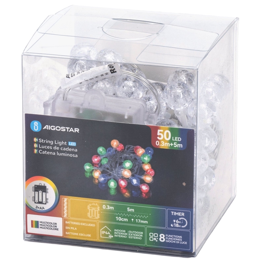 Aigostar - LED-Außen-Weihnachtslichterkette 50xLED/8 Funktionen 3xAA 5,3m IP44 mehrfarbig