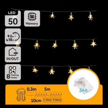 Aigostar - LED-Außen-Weihnachtslichterkette 50xLED/8 Funktionen 3xAA 5m IP44 warmweiß Sterne
