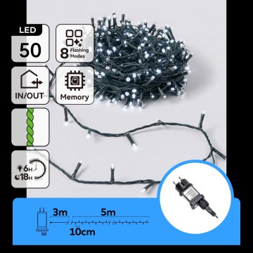 Aigostar - LED-Außen-Weihnachtslichterkette 50xLED/8 Funktionen 8m IP44 Kaltweiß