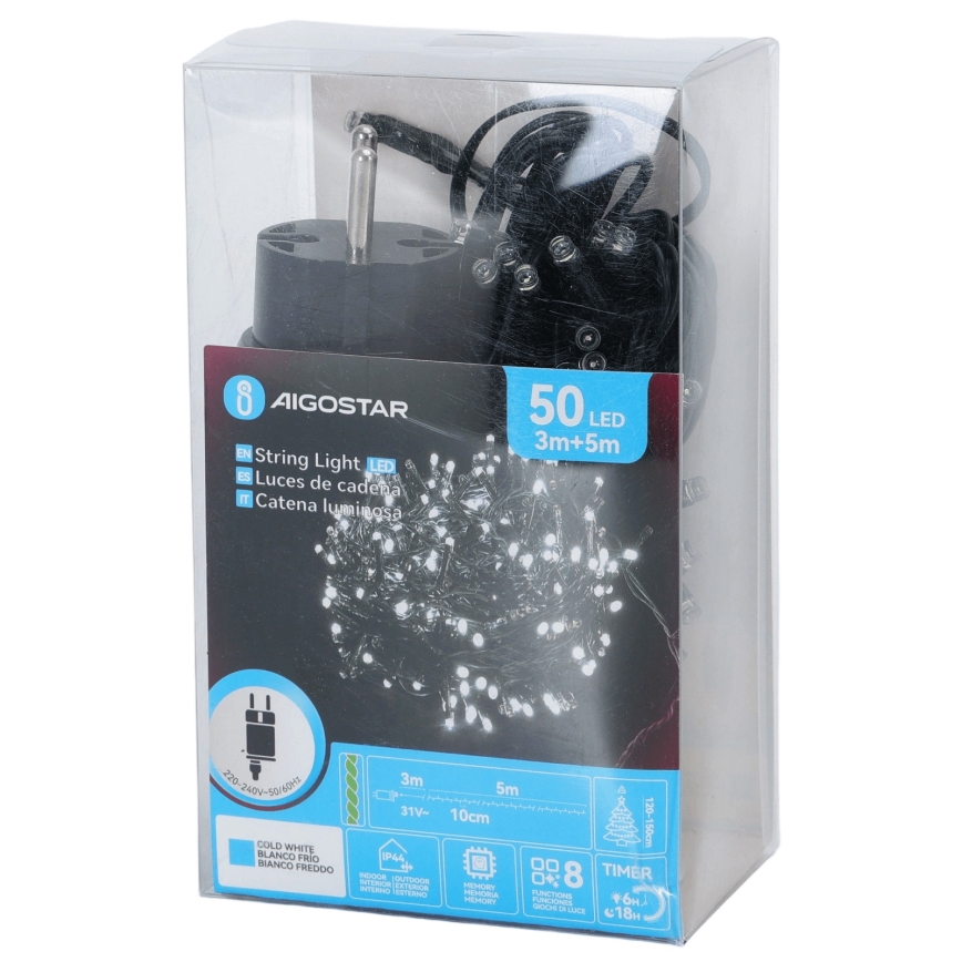 Aigostar - LED-Außen-Weihnachtslichterkette 50xLED/8 Funktionen 8m IP44 Kaltweiß