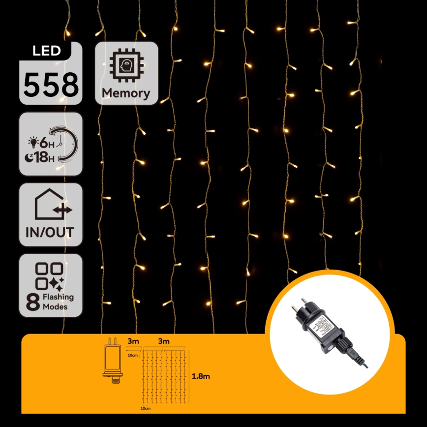 Aigostar - LED-Außen-Weihnachtslichterkette 558xLED 3x1,8m IP44 warmweiß