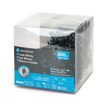 Aigostar - LED-Außen-Weihnachtslichterkette 600 LEDs / 8 Funktionen, 18 m, IP44, kaltweiß