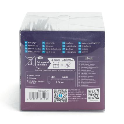 Aigostar - LED-Außen-Weihnachtslichterkette 600 LEDs / 8 Funktionen, 18 m, IP44, kaltweiß