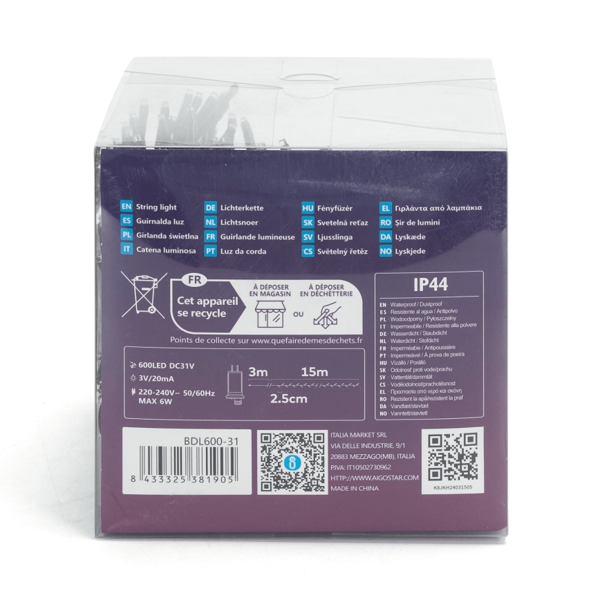 Aigostar - LED-Außen-Weihnachtslichterkette 600 LEDs / 8 Funktionen, 18 m, IP44, kaltweiß