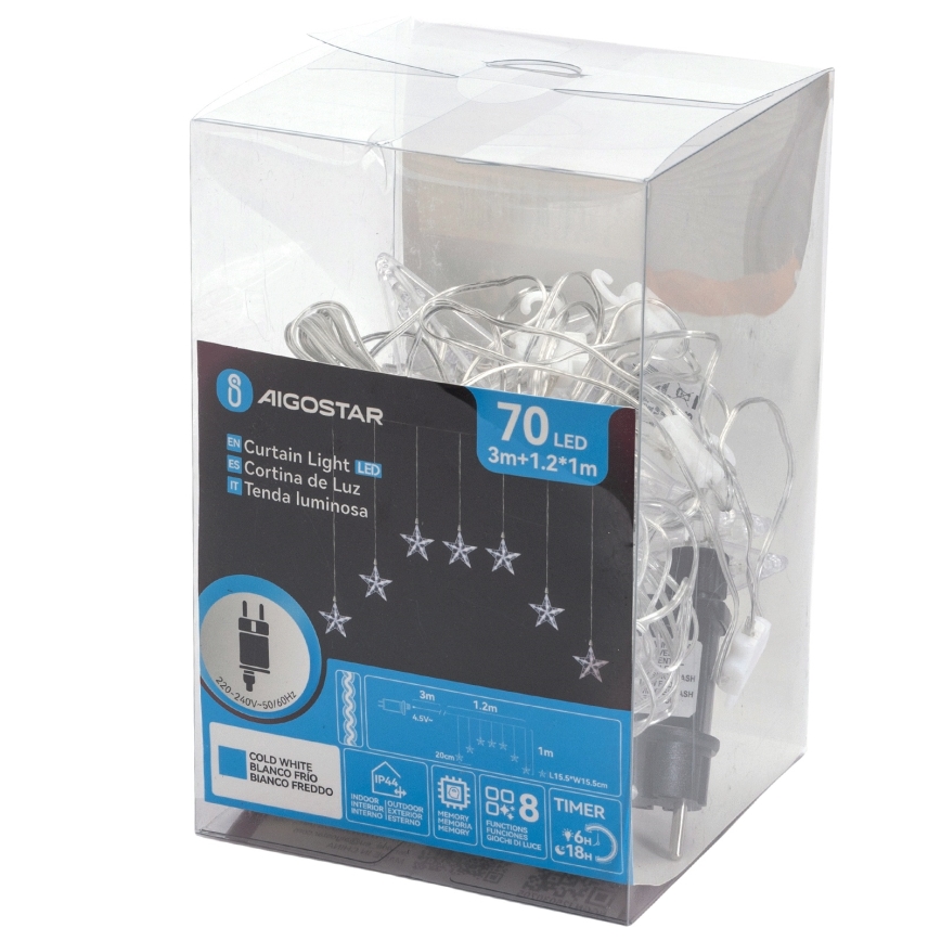 Aigostar - LED Außen-Weihnachts-Lichterkette 70xLED 1,2x1m IP44 kaltweiß mit Sternen