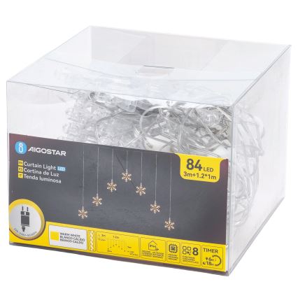 Aigostar - LED Außen-Weihnachts-Lichterkette 84xLED/8 Funktionen 1,2x1m IP44 warmweiß mit Schneeflocken