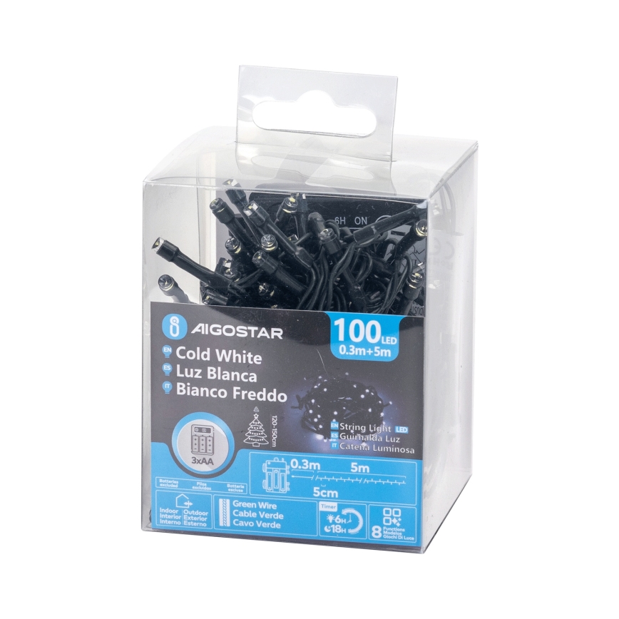 Aigostar - LED-Außen-Lichterkette 100xLED/8 Funktionen 3xAA 5,3 m IP44 kaltweiß
