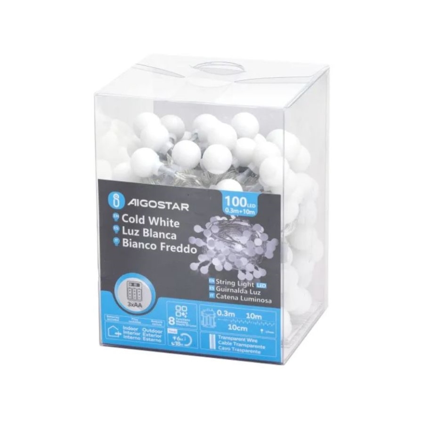 Aigostar - LED-Außen-Lichterkette 100xLED/3xAA/8 Funktionen 10,3 m IP44 kaltweiß