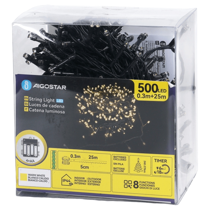Aigostar - LED-Lichterkette für den Außenbereich 500 LEDs / 8 Funktionen 4xAA 25,3 m IP44 warmweiß