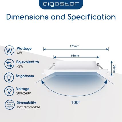 Aigostar - LED-Deckeneinbauleuchte LED/6W/230V 3000K 12x12 cm weiß
