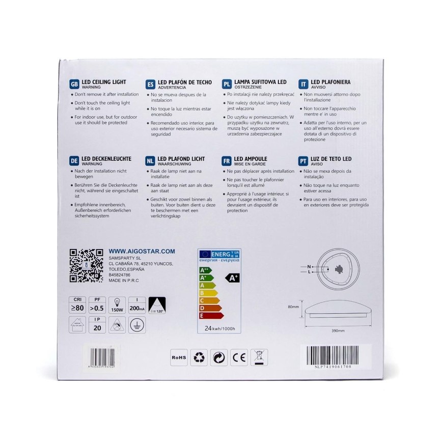 Aigostar - LED-Deckenleuchte mit einem Sensor LED/24W/230V 3000K