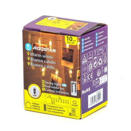 Aigostar - LED-Deko-Lichterkette 10xLED/5W/USB 5 m warmweiß