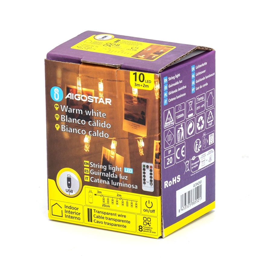 Aigostar - LED-Deko-Lichterkette 10xLED/5W/USB 5 m warmweiß