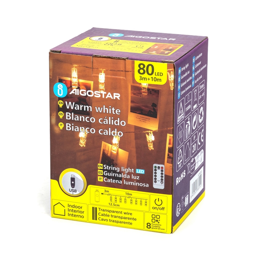 Aigostar - LED-Dekorations-Lichterkette 80xLED/5W/USB 13 m warmweiß