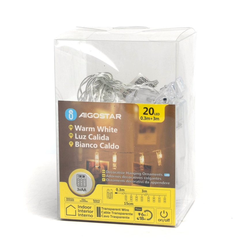 Aigostar - LED-Dekorationskette mit Klammern, 20x LED / 3x AA, 3,3 m, warmweiß