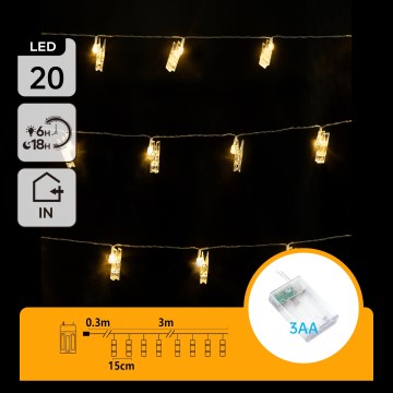 Aigostar - LED Dekorationskette mit Wäscheklammern 20xLED/3xAA 3,3m warmweiß