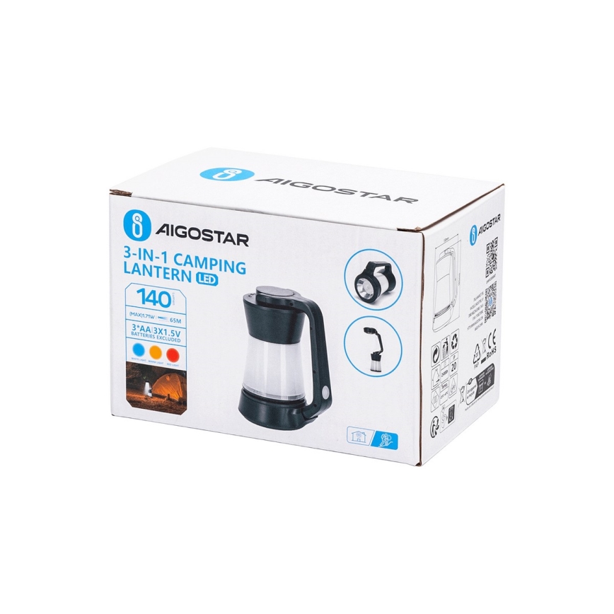 Aigostar - LED dimmbare Campinglampe 3in1 LED/3xAA schwarz