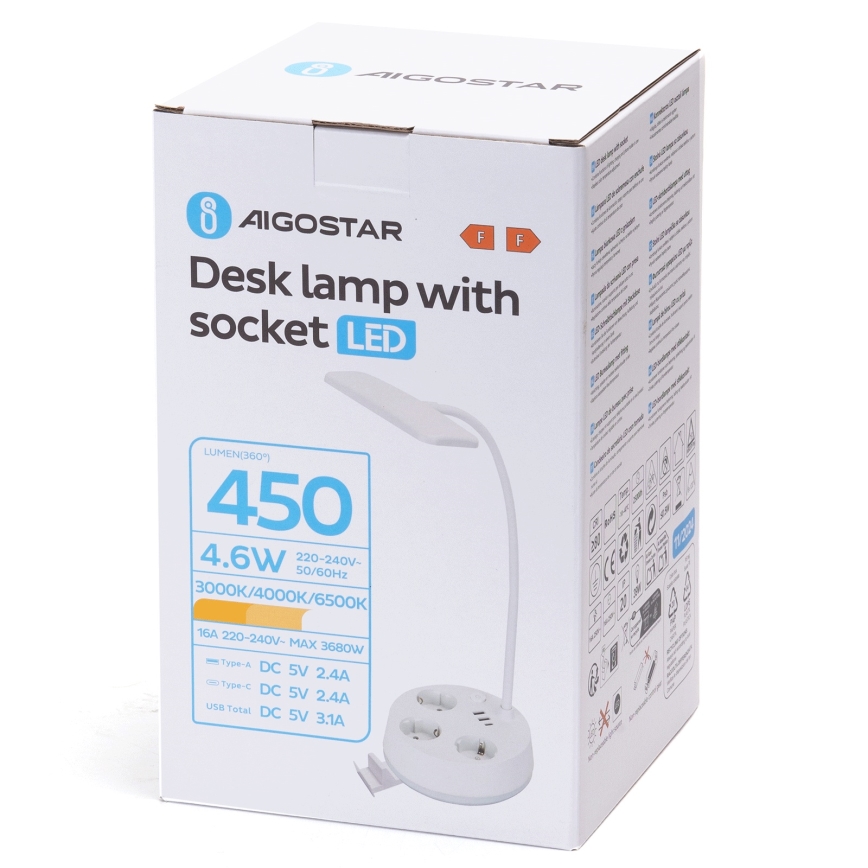 Aigostar - LED dimmbare Tischlampe mit Steckdosen und USB LED/4,6W/230V 3000/4000/6500K Weiß