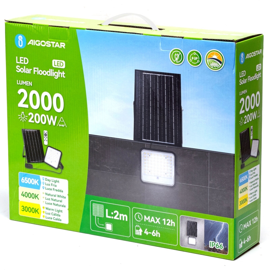 Aigostar - LED Dimmbarer Solarstrahler LED/200W/3,4V 3000/4000/6500K IP66 16000 mAh + Fernbedienung