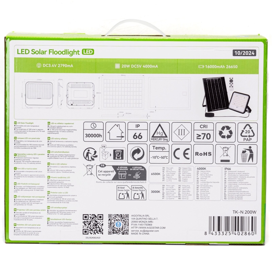 Aigostar - LED Dimmbarer Solarstrahler LED/200W/3,4V 3000/4000/6500K IP66 16000 mAh + Fernbedienung