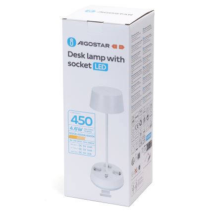Aigostar - LED Dimmertischlampe mit Steckdosen und USB LED/4,6W/230V 3000/4000/6500K weiß