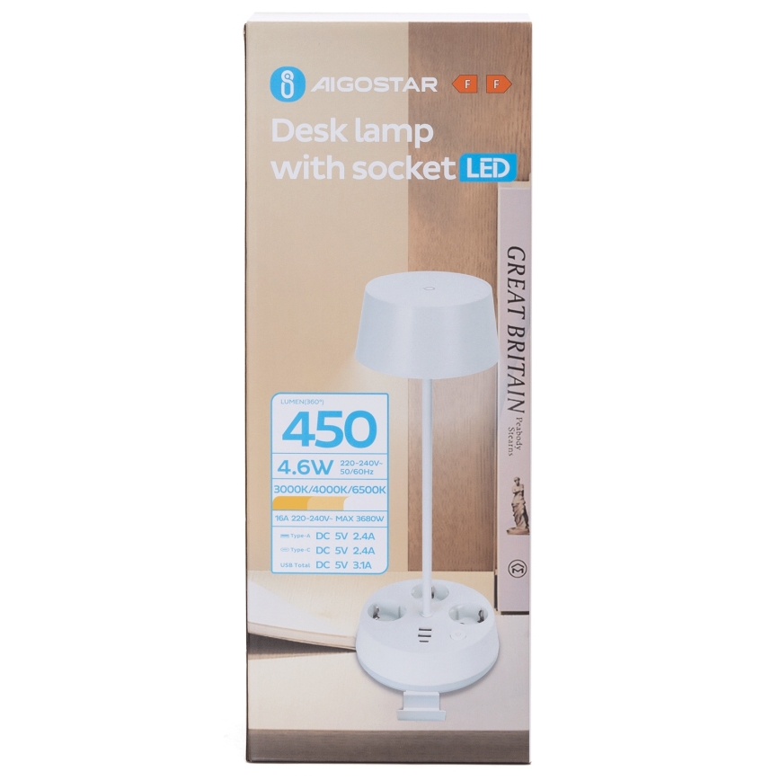 Aigostar - LED Dimmertischlampe mit Steckdosen und USB LED/4,6W/230V 3000/4000/6500K weiß